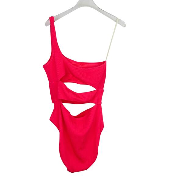 Aerie Crinkle Cut Out One Shoulder One Piece Swimsuit Hot Pink Medium - Picture 3 of 8